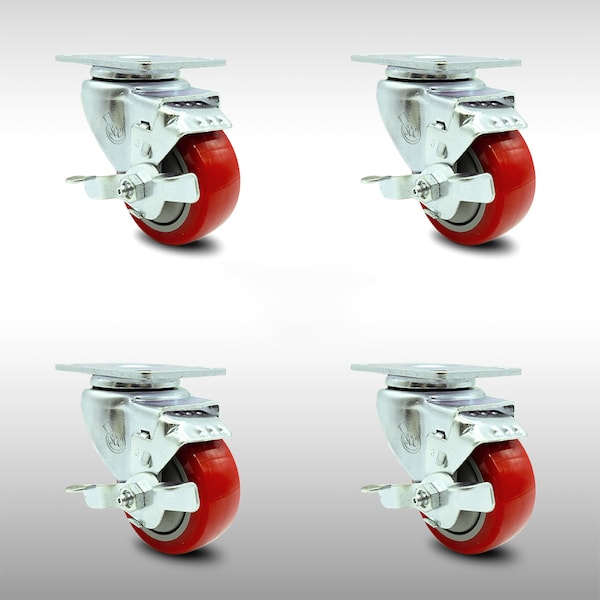 3 Inch SS Red Polyurethane Swivel Top Plate Caster Set with Brake SCC